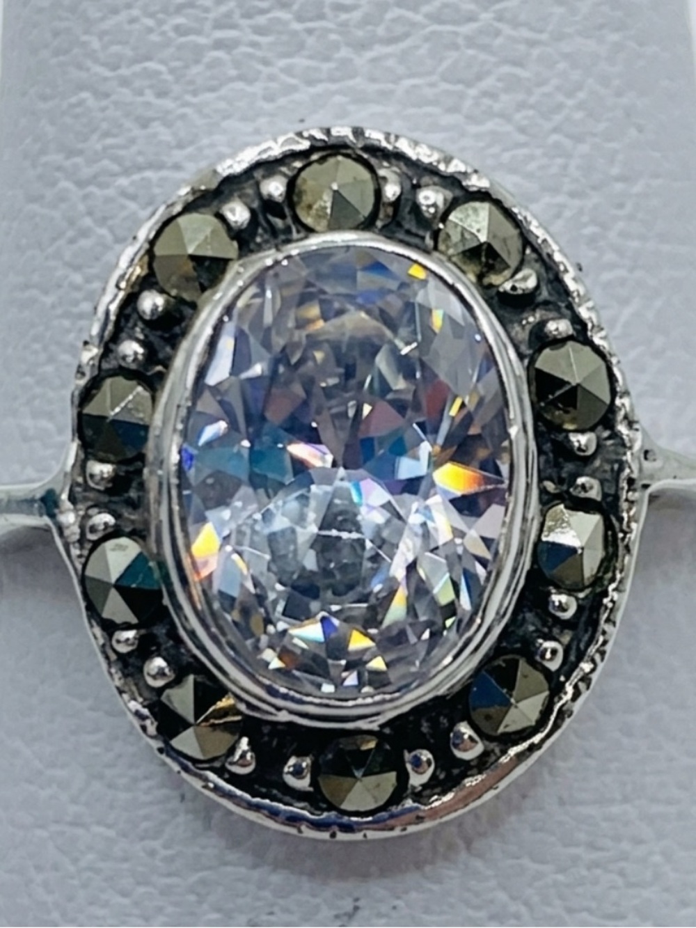 Sterling Silver 925 Oval Clear Gemstone Ring with Marcasite Halo Size 6